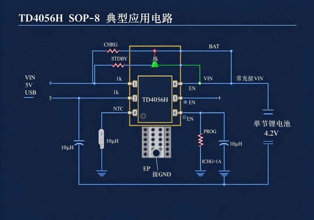 NTC 溫度保護 + EN 軟關斷,TD4056H SOP-8 版本纔是完整版